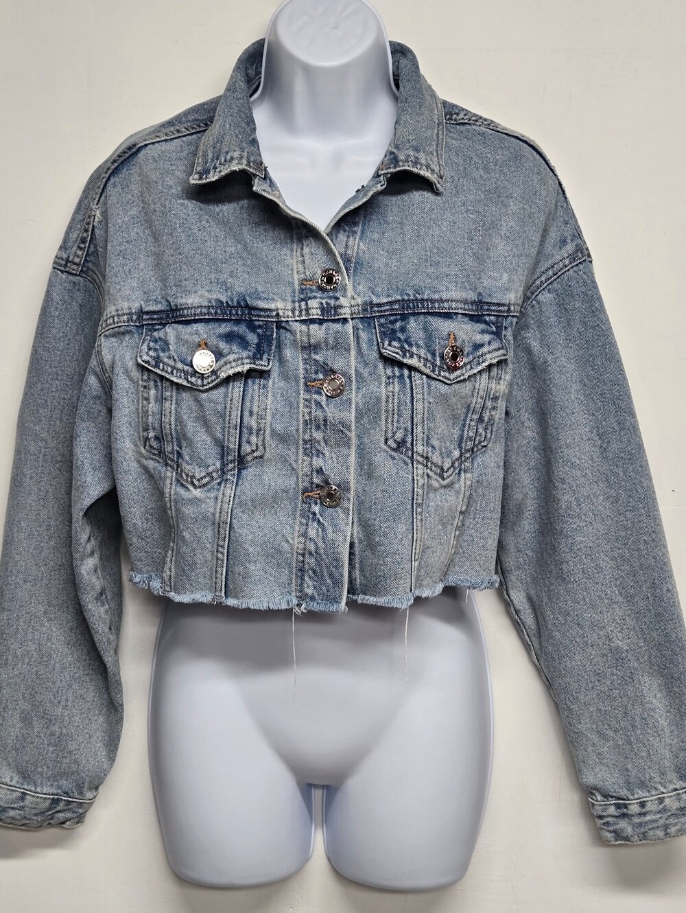 Garage P/S Blue Denim Jean Jacket Cropped Distressed Long Sleeve Quality Cotton